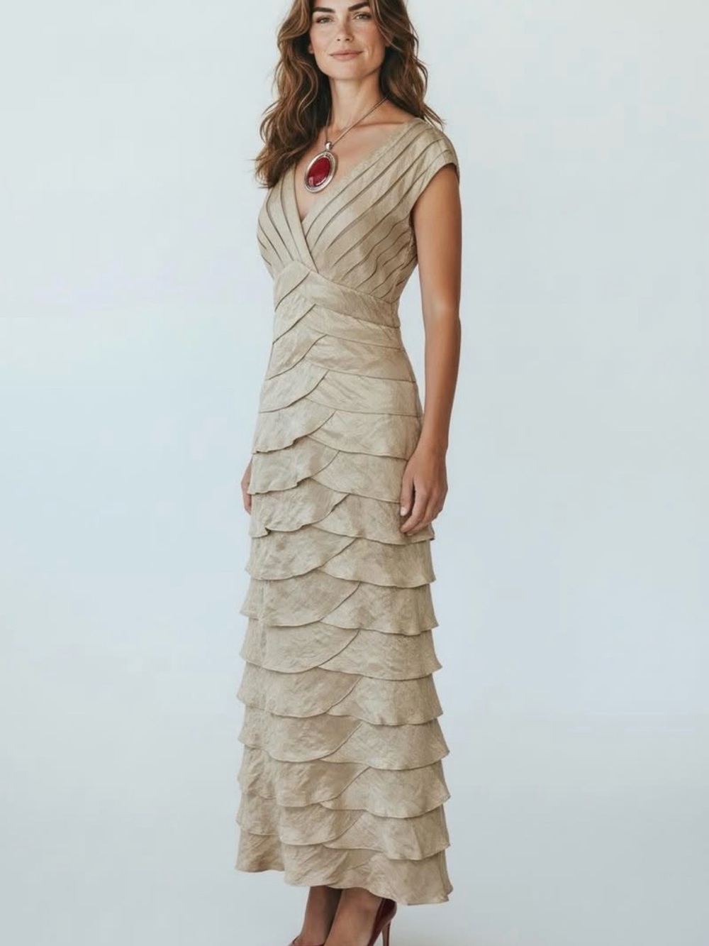 Adrianna Papell Occasions Gold Satin Ruffle Maxi Dress 18W Plus mother of bride